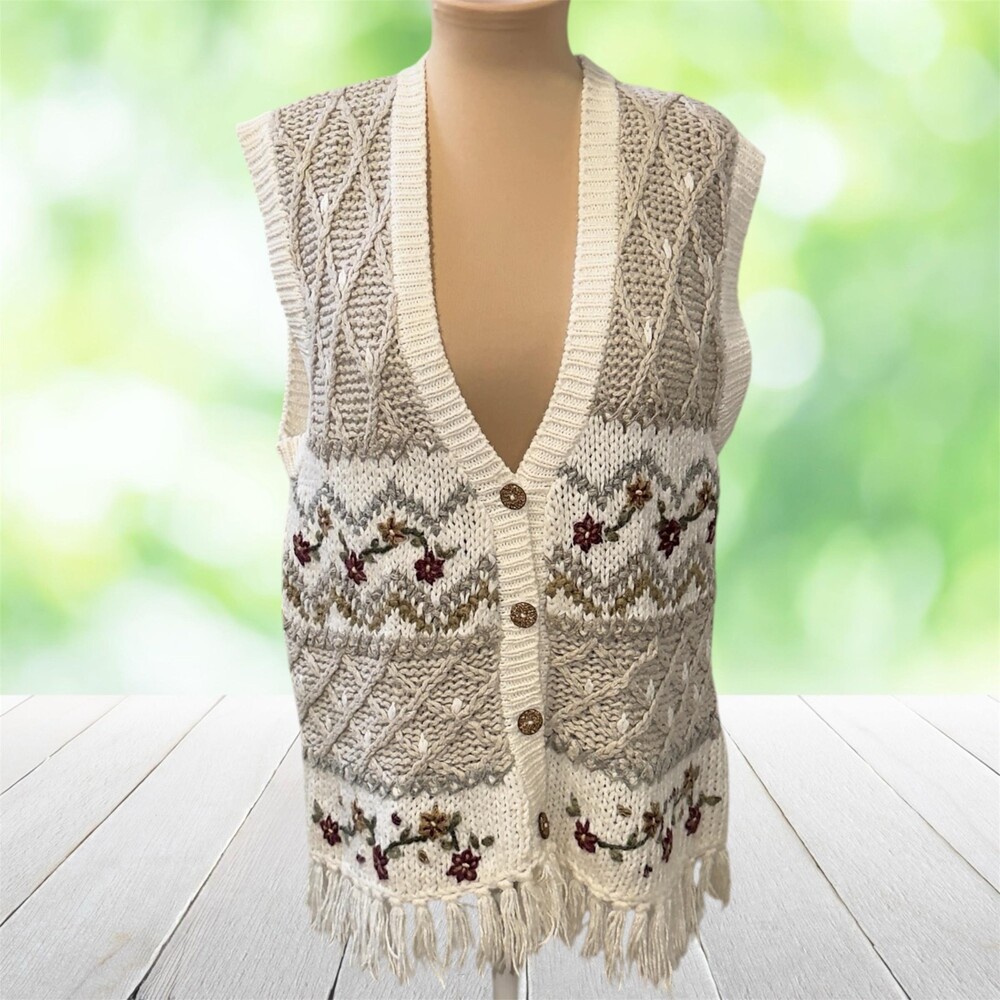 Vintage 80s Sweater Vest Hand Embroidered Fringe Floral Cottagecore Boho Size M